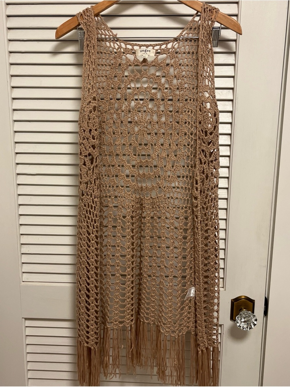 Umgee Crochet Open-Work Fringe Vest in Beige